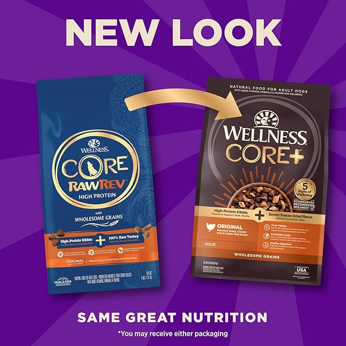 Wellness CORE+ (Formerly RawRev) Grained Dry Dog Food, Original Turkey & Chicken with Freeze Dried Turkey Recipe, 20 Pound Bag