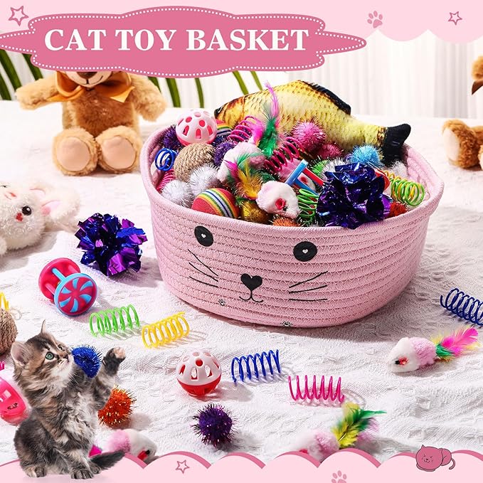 Zopeal 58 Pcs Cat Storage Basket Gift Toys Set, Colorful Flashing Balls Pet Bell Crinkle Balls Spring Toys Attract Cat to Swat, Bite, Hunt, Interactive for Pet(Pink,9.8 Inch)