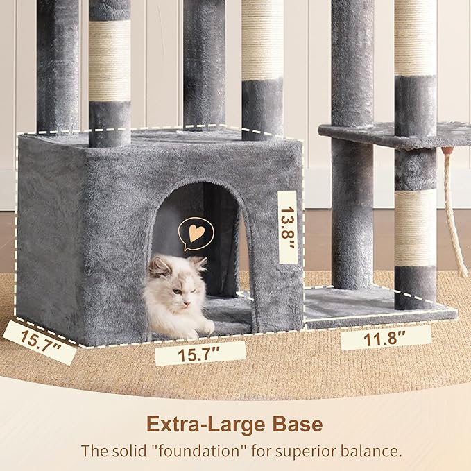 Heybly Heavy Duty Cat Tree, Tower for Indoor Cats Large Adult, Tall Cat Condo House with Extra-Large Baseboard, Multi-Level Plush Furniture with Scratching Posts, Hammock,Toy Balls,Light Gray HCT026W