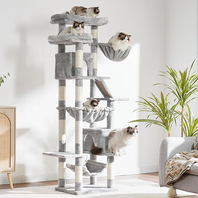 Heybly Cat Tree, 71-Inch-Tall Tower for Indoor Cats with 2 Perches, 2 Big Condos, 2 Hammocks, Basket, Scratching Pad, Large Cat Furniture and Condo, Light Gray HCT034W