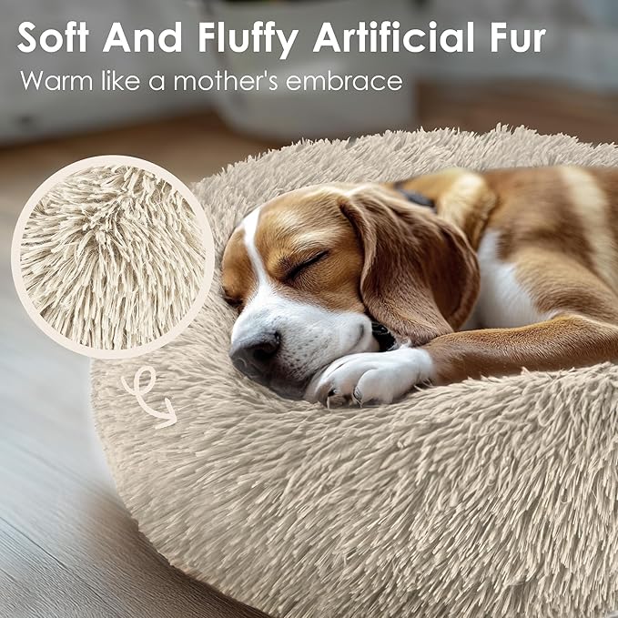 28in Large Dog Bed, Medium Size Dog and Cats, Calming Donut Bed for Puppy and Kitten, Washable Round Fluffy Pet Bed (Light Brown)