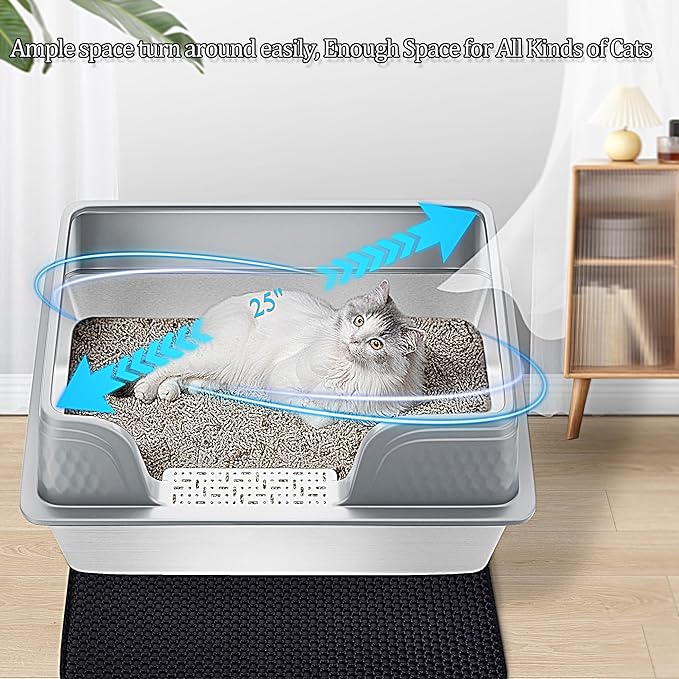 Vealind XL Stainless Steel Cat Litter Box High Sided with Lid 23.7" L x 16" W x 12" H Anti Leakage Extra Large Metal Cat Litter Tray with Scoop and Mat for Big Cats (Grey)