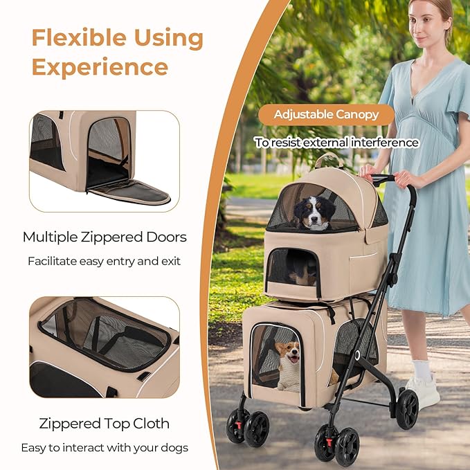 Giantex Double Dog Stroller for 2 Dogs, Detachable Carriers, Safety Belt, 4 Lockable Wheels, Pet Travel Carrier Strolling Cart, Folding Cat Stroller for Small Medium Pets Dogs (Beige)