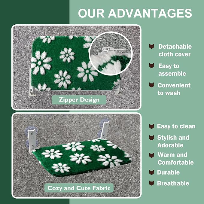 Cat Window Perch, Foldable Cat Window Hammock with Cute 3D Textured Flower Cover and Strong Suction Cups, Cordless Window Seat Bed for Indoor Cats (Green Flower, Large)