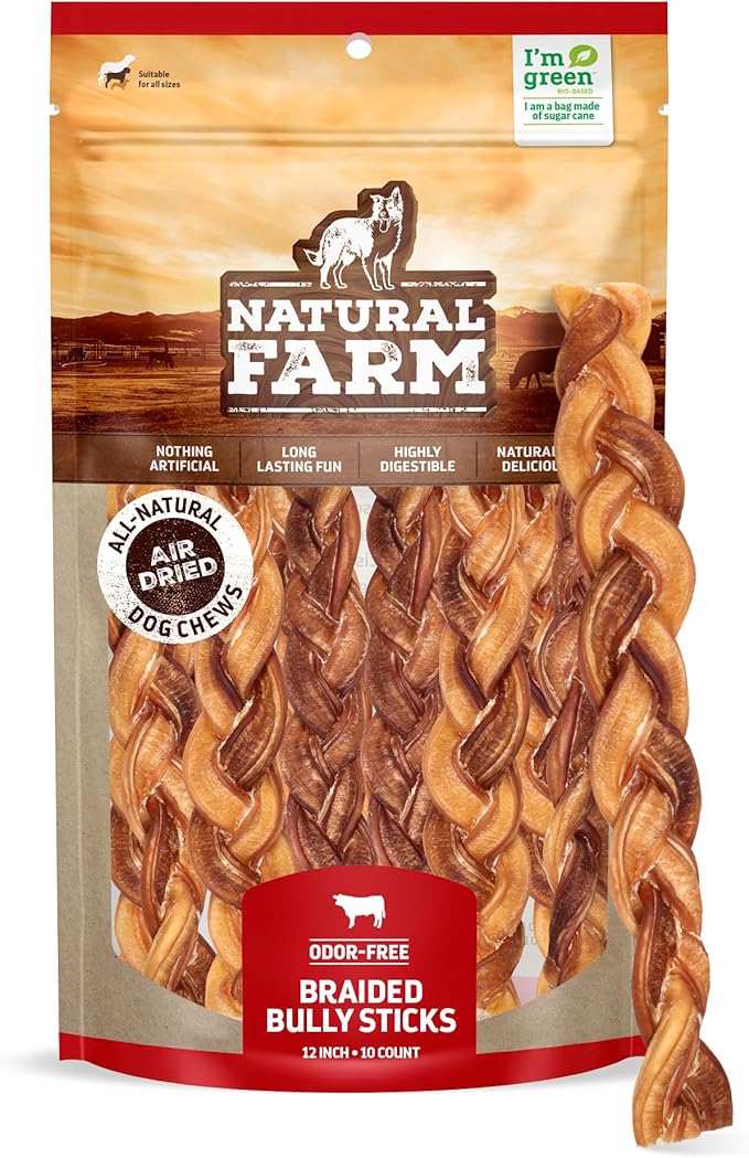 Natural Farm Odor-Free Braided Bully Sticks (12 Inch, 10 Pack) - 100% Grass-Fed Beef, Grain-Free, Low Fat & Fully Digestible Best Dental Treats - Safest Long Lasting Pizzle Chews to Keep Your Dog Busy