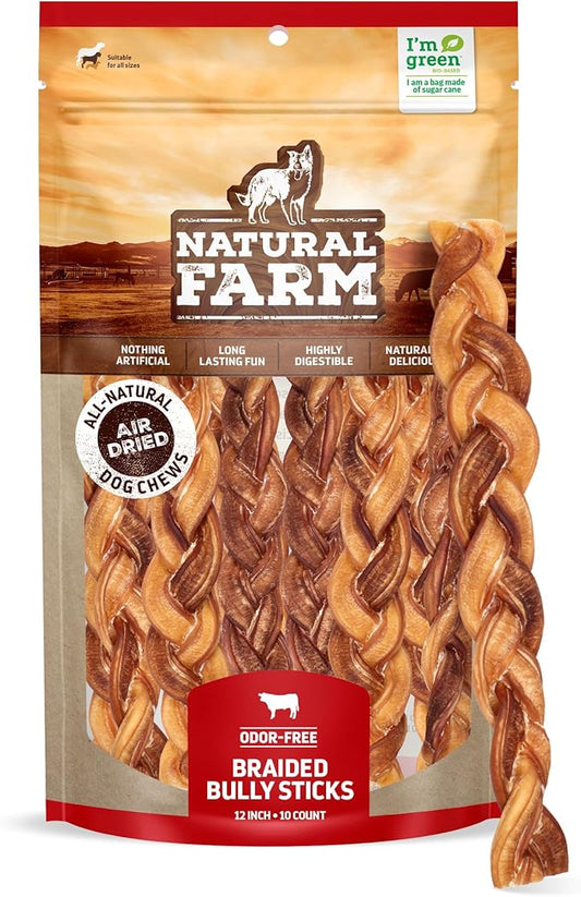 Natural Farm Odor-Free Braided Bully Sticks (12 Inch, 10 Pack) - 100% Grass-Fed Beef, Grain-Free, Low Fat & Fully Digestible Best Dental Treats - Safest Long Lasting Pizzle Chews to Keep Your Dog Busy