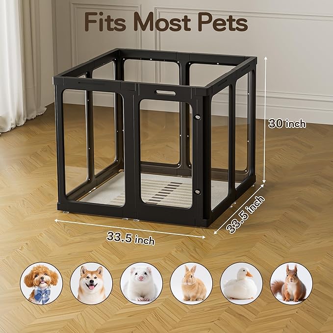 Jalove 30" H Clear Dog Playpen Acrylic Puppy Playpen Indoor, 8 PCS Easy Assemble Cat Rabbit Ferret Pet Play Pen, Plastic Dog Fence Crate Kennel Whelping Cage Enclosure for Small & Medium Dogs, Black