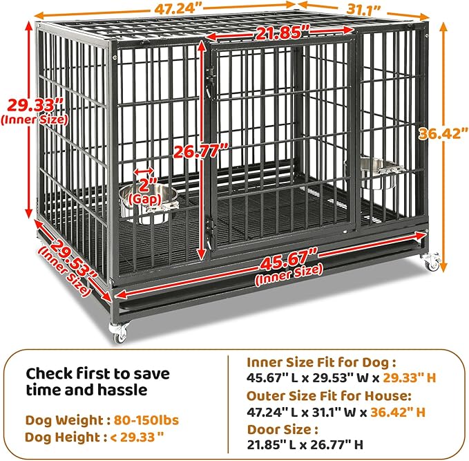 Homey Pet 48 Inch Heavy Duty Indestructible Dog Crate, Stackable Escape Proof Dog Cage Kennel Indoor with Two Trays, Metal Grids, Wheels, Bowls, Double Doors for High Anxiety Large Dogs