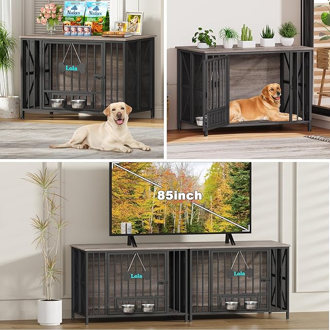 EasyCom Foldable Dog Crate Furniture, 41.3" Dog Crates for Medium/Large Dogs, Wooden Dog Kennel Indoor with Tag & Adjustable Bowls, Dog Cage Use as End Table/TV Stand, Oak Grey