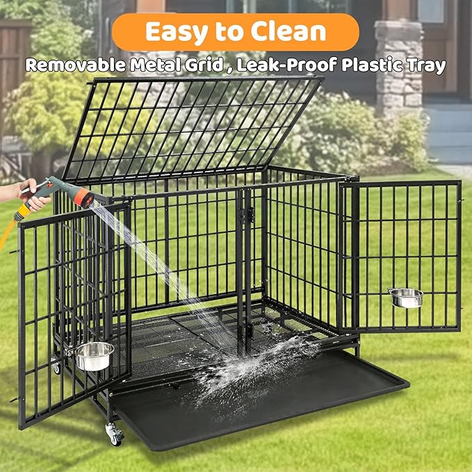 Homey Pet 43 Inch Two Tiers Dog Crate Cage Kennel with Divider, Stackable Heavy Duty Dog Crate for Large Dogs, Escape Proof Indestructible Dog Kennel Indoor with Removable Tray, Lockable Wheels