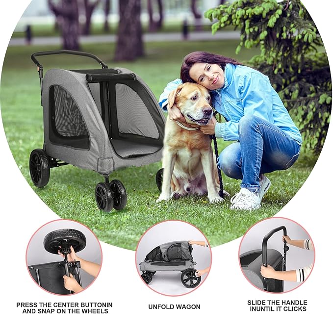 Dog Stroller with 4 Wheels, Folding Cat Strolling for Small/Medium/Large Dogs & Cats to 120 lbs, pet Stroller with Removable Carrier, Storage Basket,Cup Holder (Dark Grey)