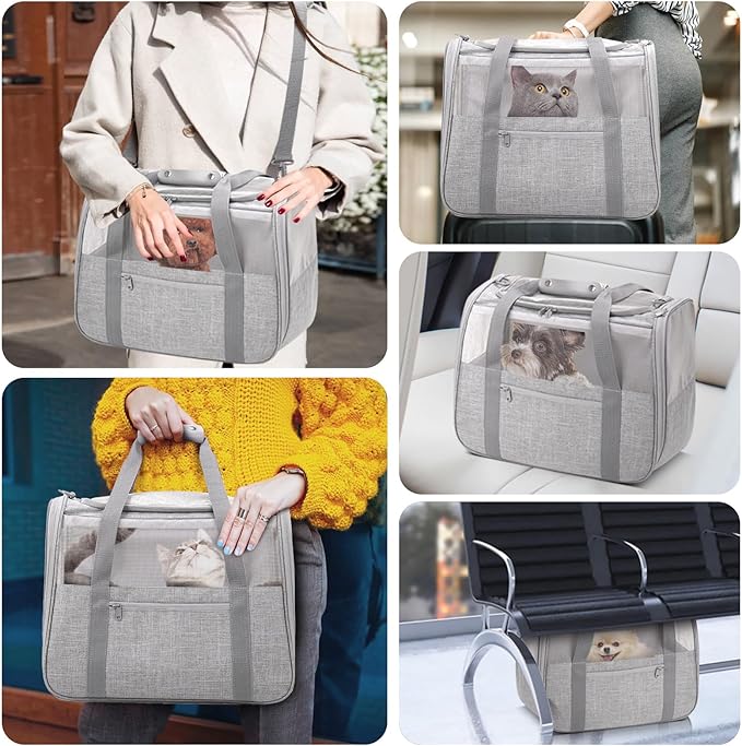 JUNGYOUN Premium Cat Carrier - Pet Carrier for Cat & Small Dogs up to 15lbs - Airline Approved Travel Dog Carrier with Anti-Escape Zippers, Collapsible Travel Bowl & Padded Strap,Grey