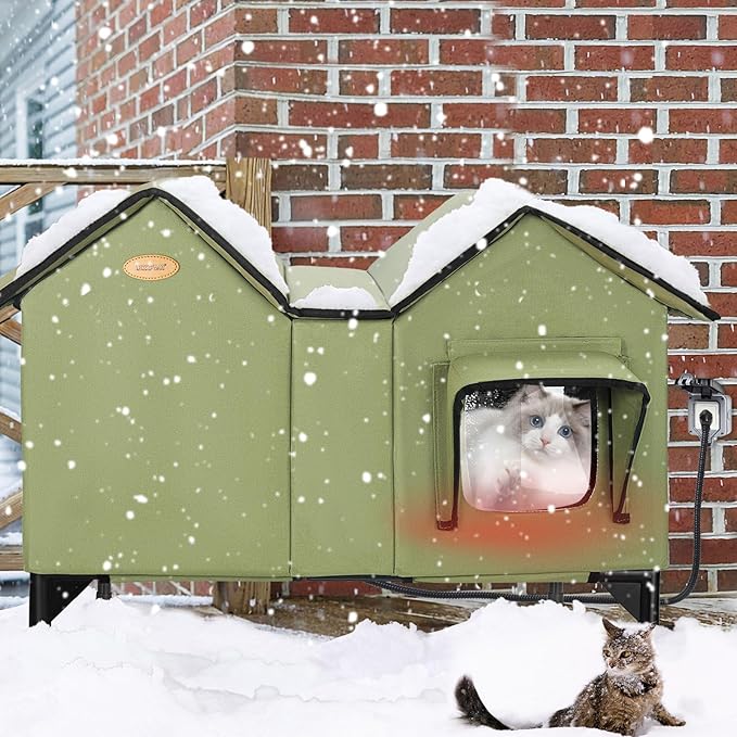 Heated Outdoor Cat House Weatherproof for Winter - Extra Large Heated Cat House for Outside, Elevated Bed, Escape Door, Fully Insulated Feral Cat Shelter for Multiple Cats Small Dogs, Easy Assembly