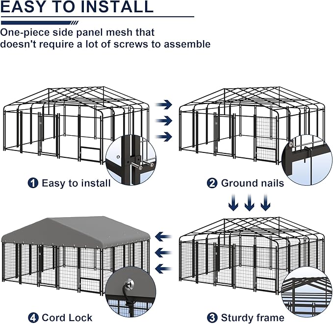 Large Dog Kennel Outside Heavy-Duty Outdoor Dog Cage with Roof and Double Lock - Spacious, Dog Crate for Pets with Feeding, 120"X117"