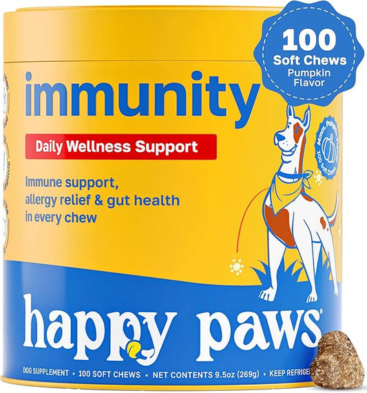 Happy Paws Turmeric Supplement for Dogs, Daily Wellness & Immunity Support for All Breeds & Ages, Made with Turmeric, Colostrum & Turkey Tail Mushrooms, Pumpkin Flavor, Non GMO, 100 Soft Chews