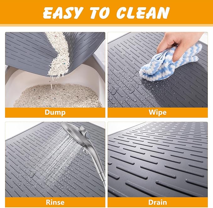 Silicone Cat Litter Mat, 34x22 in Waterproof Litter Box Mat Cats Feeding Mats with Raised Edges, Quick Clean Desig (Grey)