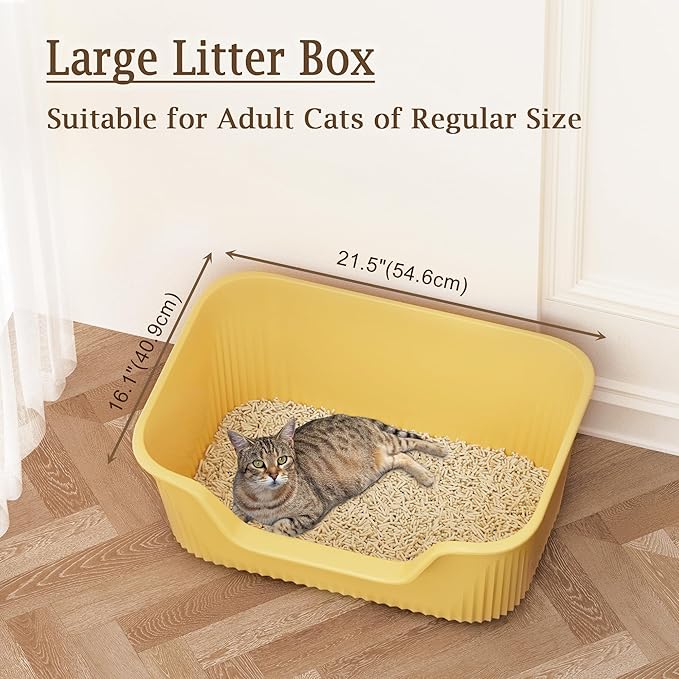 Large Cat Litter Box with High Sides 21.5 * 16.1 * 10.4 inches Big Litter Boxes for Large Cats Easy Clean Open Litter Box, Anti-Splashing&Leak-Proof, Yellow