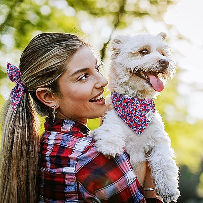 E-Clover Cute Girl Dog Bandanas & Matching Scrunchie Set Heart Dog Bandana Scarf with Bow Hair Ties for Small Puppy Dogs Pet Owner Mom Gifts Pink Floral
