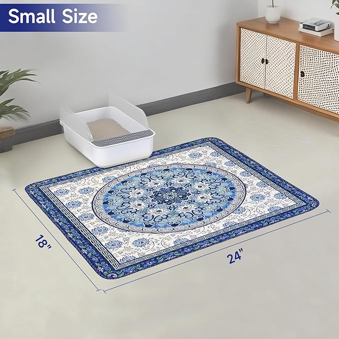 Cat Litter Mat, Reusable Kitty Litter Trapping Mat 2 PCs, 24"x18" Washable Litter Mats for Cats, Waterproof & Non-Slip Compatible with Cat Box (Indigo Blue Medallion, 24"x18"(2 PCS))