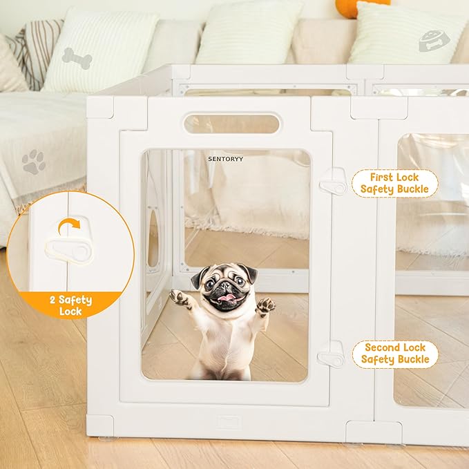 Transparent Indoor Dog Playpen with Safety Lock, Indoor Dog Fence for Small & Medium Pets | Secure, Stylish, Easy Clean Play Pen for Dogs & Pets with Scratch Resistant Panels (White, 8 Panel)