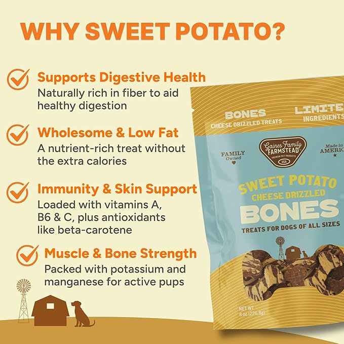 Gaines Family Farmstead Cheese Drizzled Sweet Potato Dog Bones - 8 oz Bag, Grain-Free, All-Natural Dog Treats for Digestion, Skin, Energy & Immunity – Limited Ingredient, Made in USA
