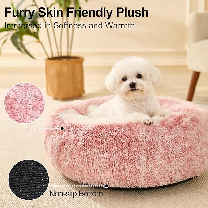 Calming Bean Mush Beds & Cat Cave with Hooded Cover, Removable Washable Round Beds for Small and Medium Pets, Anti-Slip Faux Fur, Fits Up to 15/25 lbs