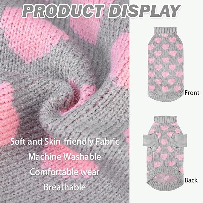 KOOLTAIL Cat Sweater Turtleneck- Soft Knit Cat Sweaters for Cats Only, Heart Love Pattern Thick Warm Cold Weather Clothes, Valentine's Day Pet Outfit for Small Medium Large Size Kitten Puppy Grey L