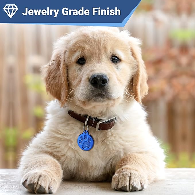 GoTags Paw Print Round Stainless Steel Pet Tag for Dogs and Cats, Personalized with 4 Lines of Custom Engraved ID Name and Number, in Stainless Steel and 15 Colors Small and Large, Rose Gold