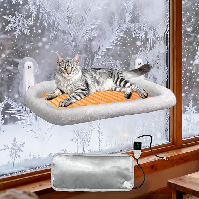 L&W BROS. Heated Cat Window Perch with Adjustable Thermostat & Timer, Cat Hammock with 4 Strong Suction Cups, Easy-to-Clean Warm Bed for Winter, Holds Up to 50lbs (L 1PC)