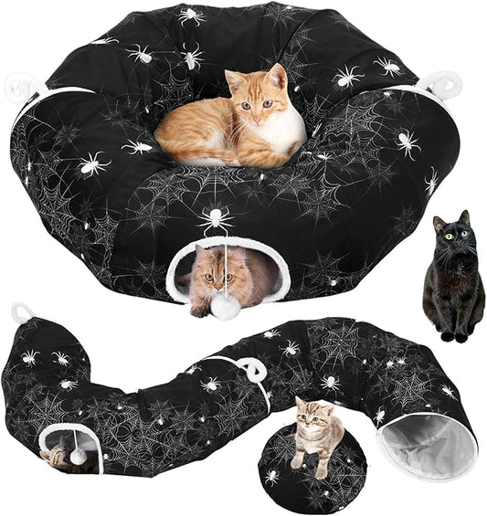 Aliceset Halloween Cat Tunnel Bed for Indoor Cats 3ft x 3ft x 10in Foldable Cat Donut Tunnel with Washable Cushion Halloween Spider Pet Peekaboo Cave Toy for Small Kitten Kitty