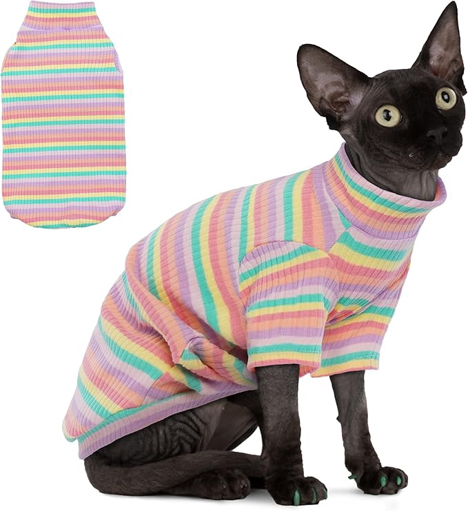 PUMYPOREITY Sphynx Cat Clothes - Soft Hairless Shirt With Sleeves, Stretchy Sweater, Pullover Pajamas Jumpsuit, Turtleneck Outfit for Sphynx Cornish Rex, Devon Rex - Rainbow, M