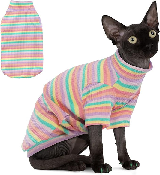 PUMYPOREITY Sphynx Cat Clothes - Soft Hairless Shirt With Sleeves, Stretchy Sweater, Pullover Pajamas Jumpsuit, Turtleneck Outfit for Sphynx Cornish Rex, Devon Rex - Rainbow, L