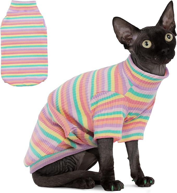 PUMYPOREITY Sphynx Cat Clothes: Soft, Stretchy Rainbow Sweater & Turtleneck Pullover Jumpsuit - XL