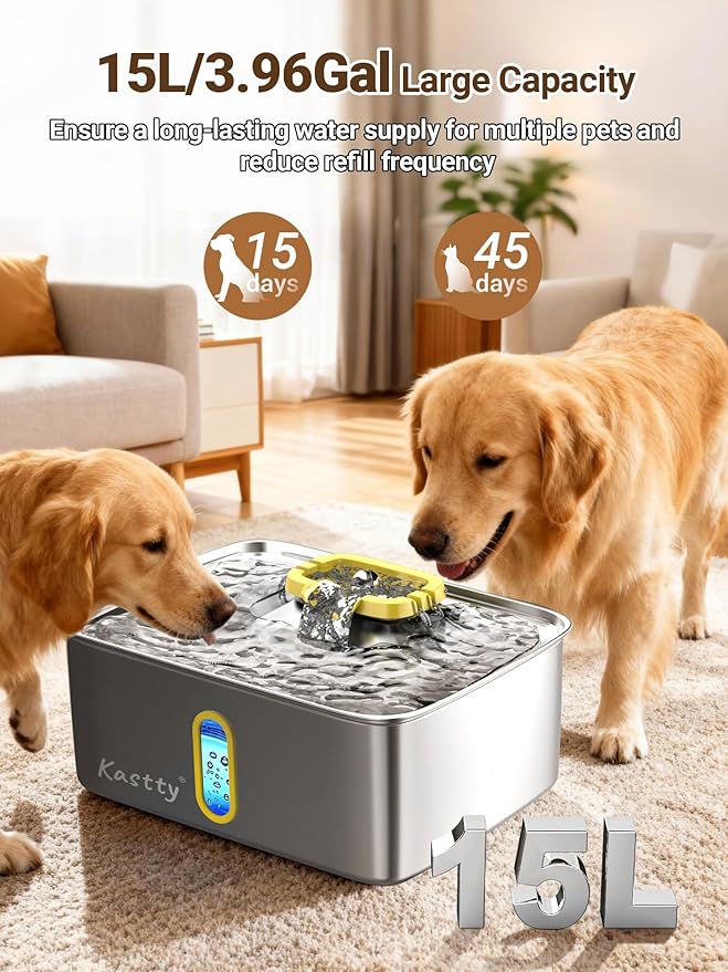 Kastty 15L/3.96 Gal Stainless Steel Dog Water Fountain, Large Capacity Dog Water Bowl Dispenser Quiet LED Light Triple Filtration Cat Water Fountain,Pet Water Fountain Easy Clean Yellow FS78