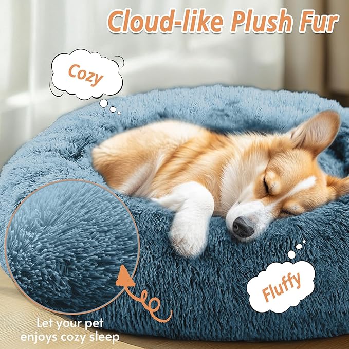 JOLLYVOGUE Calming Dog & Cat Bed for Small Dogs, Anti-Anxiety Donut Cuddler Cozy Soft Round Bed with Anti-Slip Bottom, Fluffy Faux Fur Plush Cushion Beds for Small Medium Dogs (27")