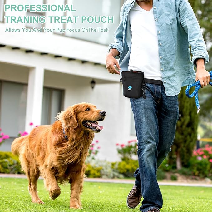 Dog Treat Pouch Magnetic Closure with Training Clicker，Hands-Free Design to Prevent Spills，Built in Poop Bag Dispenser，3 Ways To Wear，Metal Clip Waist Belt and Fanny Pack for Pet Walking（Black）