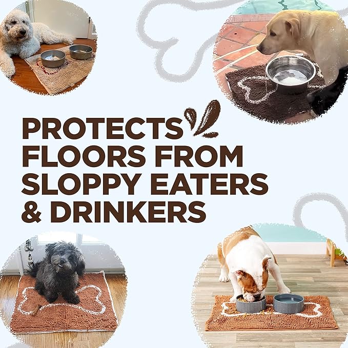 Soggy Doggy Slopmat - Water Absorbing Door Mat for Food and Water - Microfiber Chenille Rug for Muddy Paws and Messy Eaters - Machine Washable (Dark Chocolate/Oatmeal Bone, 18” x 24″)