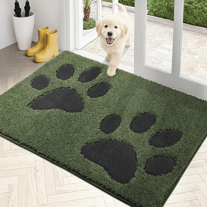 PURRUGS Dirt Trapping Door Mat 32" x 47", Non-Skid/Slip Machine Washable Microfiber Entryway Rug, Dog Doormat, Super Absorbent Welcome Mat for Muddy Wet Shoes and Paws, Green
