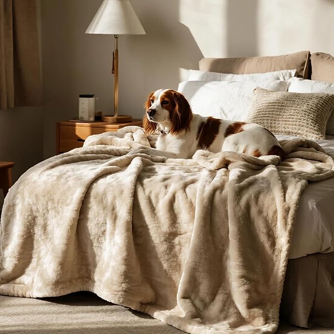 gogobunny Waterproof Bed Blanket, Reversible Sherpa Fleece Throw Blanket for Dog Puppy Cat, Furniture Cover Protects Bed Couch Sofa from Liquid Pee and Pet Fur (Beige, 90x90 inches)