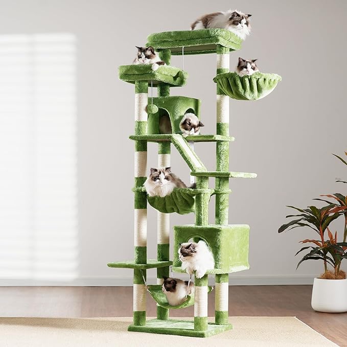 Heybly Cat Tree, 71-Inch Tall Tower for Indoor Cats with 2 Perches, 2 Big Condos, 2 Hammocks, Basket, Scratching Pad, Large Cat Furniture and Condo, Green HCT034GR