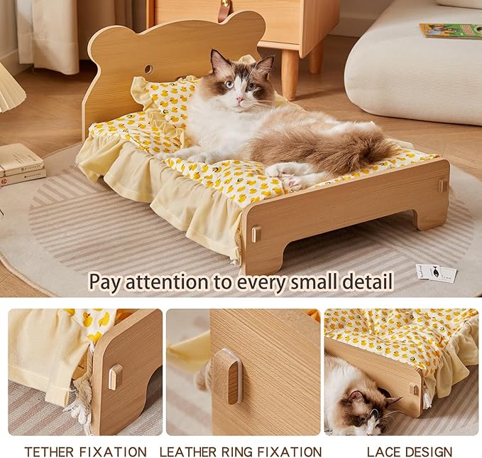 Wooden Elevated Cat Bed for Indoor Cats Easy to Assemble with Removable Mattress Pet Bed for Small Animals Small Dog Rabbits Guinea Pigs Hamsters Chinchillas etc
