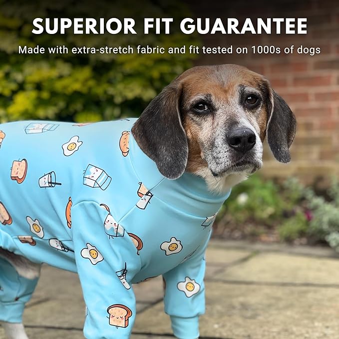 Spark Paws Dog Pajama, Dog Recovery Suit Male, Onesie, Ultra-Soft and 4-Way Stretch, for Small Medium and Large Breeds - Breakfast Blue - M