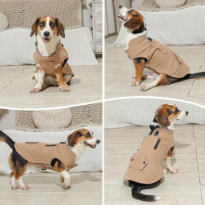 Workwear Style Dog Coats with Harness Built in for Small Dogs Windproof Warm Puppy Jacket with Storage Pockets for Cold Winter,LightBeige XL