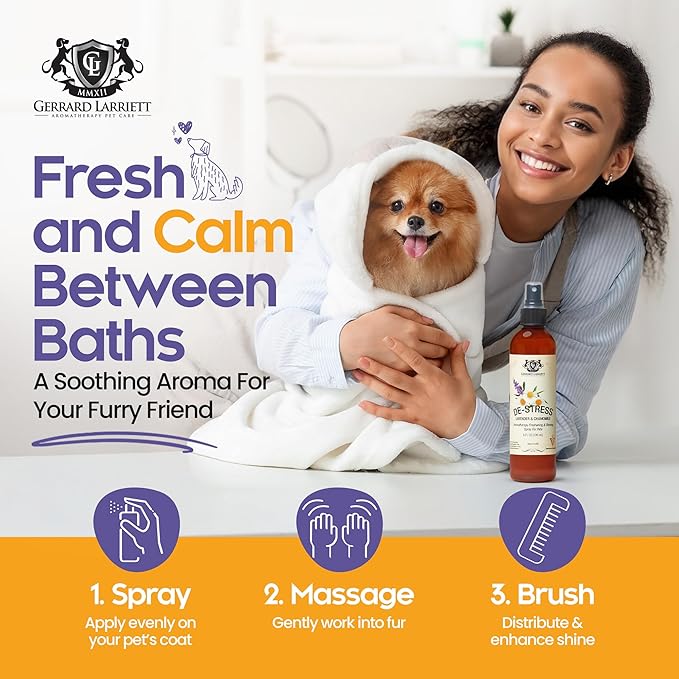 Dog Shampoo and Conditioner Aromatherapy Pet Bundle Set Itchy Skin Relief - De-Stress Dog Grooming Bundle with Dogs Calming Spray Scent Mist, and Pet Odor Eliminator Candle - Lavender & Chamomile