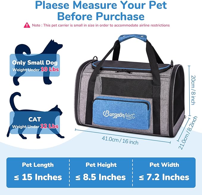 BurgeonNest Cat Carrier, Airline Approved Dog Carrier, Soft Sided Cat Pet Carrier for Small Medium Cats Dogs Under 20 lbs with Side Bag, Collapsible Travel Kitten Puppy Carriers, Blue