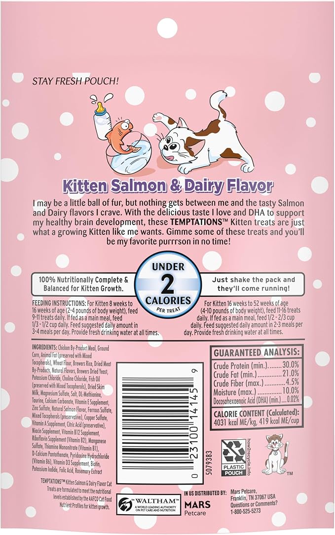 Temptations Kitten Crunchy and Soft Cat Treats Salmon and Dairy Flavor, 3 oz. Pouch, (Pack of 12)