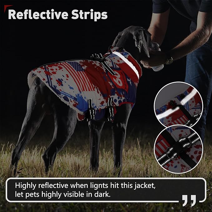 Dogcheer Dog Winter Coat, American Flag Dog Jacket with Harness, Adjustable Puppy Coat with Zipper, Waterproof Pet Fleece Jacket Snowsuit for Small Medium Large Dogs - US Flag S