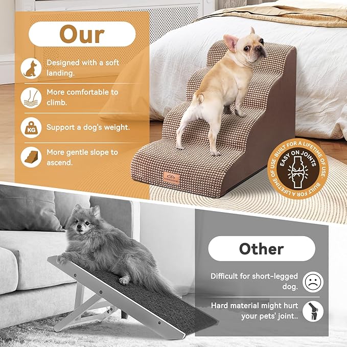Dog Ramp and Stair for Bed 16" H-20 H,3-Step Cat Stair for Sofa and Chair,4-Step Dog Ramp for High Bed and Window,Durable Nonslip Fabric Cover for Indoor (Coffee-16 H, Pet Friendly, 3)