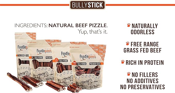 FOODIEPAWS 6 Inch Jumbo Bully Sticks for Dogs, 15 Pack | High Protein, All Natural Grass-Fed Beef Chews | Rawhide-Free, Fully Digestible & Long Lasting Treats | Perfect for Large Dogs