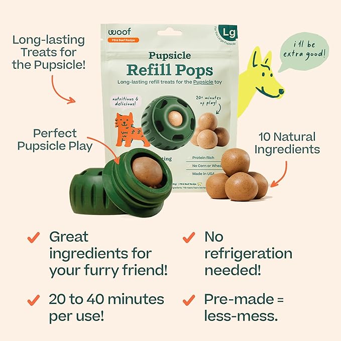 WOOF Pupsicle Refill Pops - Low-Mess Dog Snacks - with Peanut Butter and Beef - Dog Treats - Long Lasting - Large Pops - 7 Count - 2 Pack